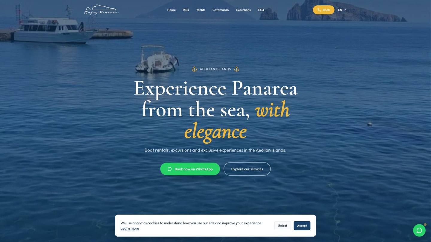 Preview della homepage di Enjoy Panarea, noleggio barche alle Eolie