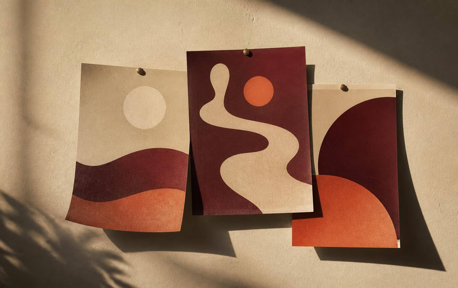 Tre manifesti stampati con forme astratte bordeaux e terracotta appesi a un muro in calce