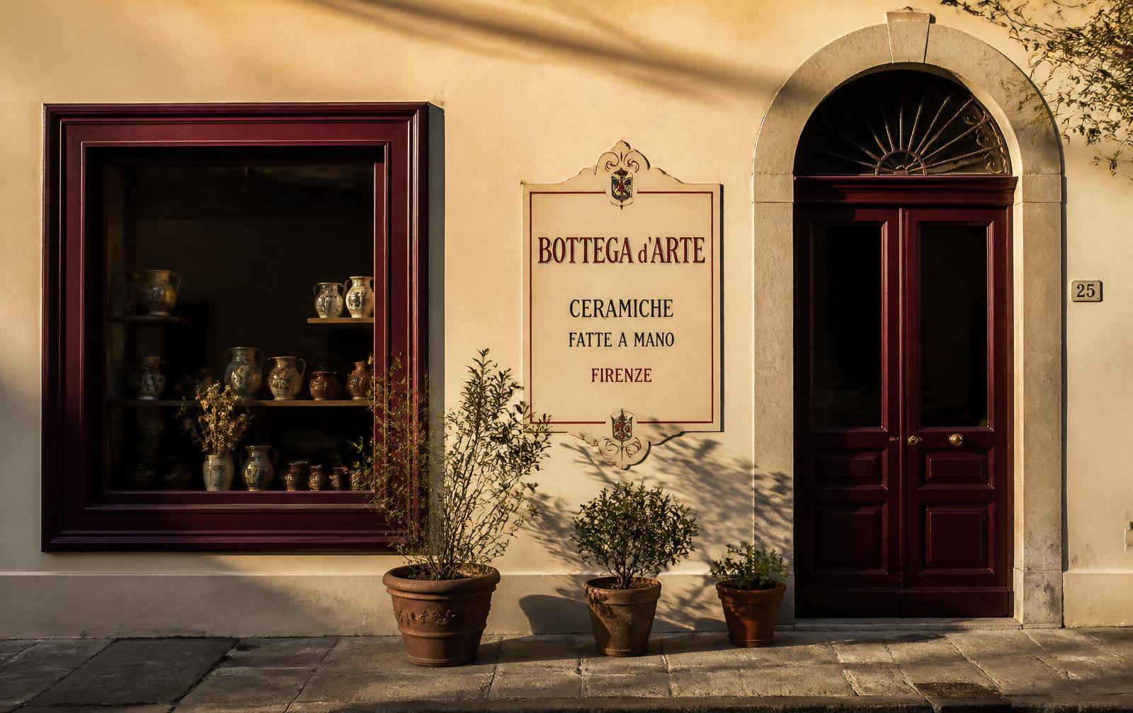 Facciata di una bottega artigiana italiana con vetrina e portone bordeaux e vasi in terracotta