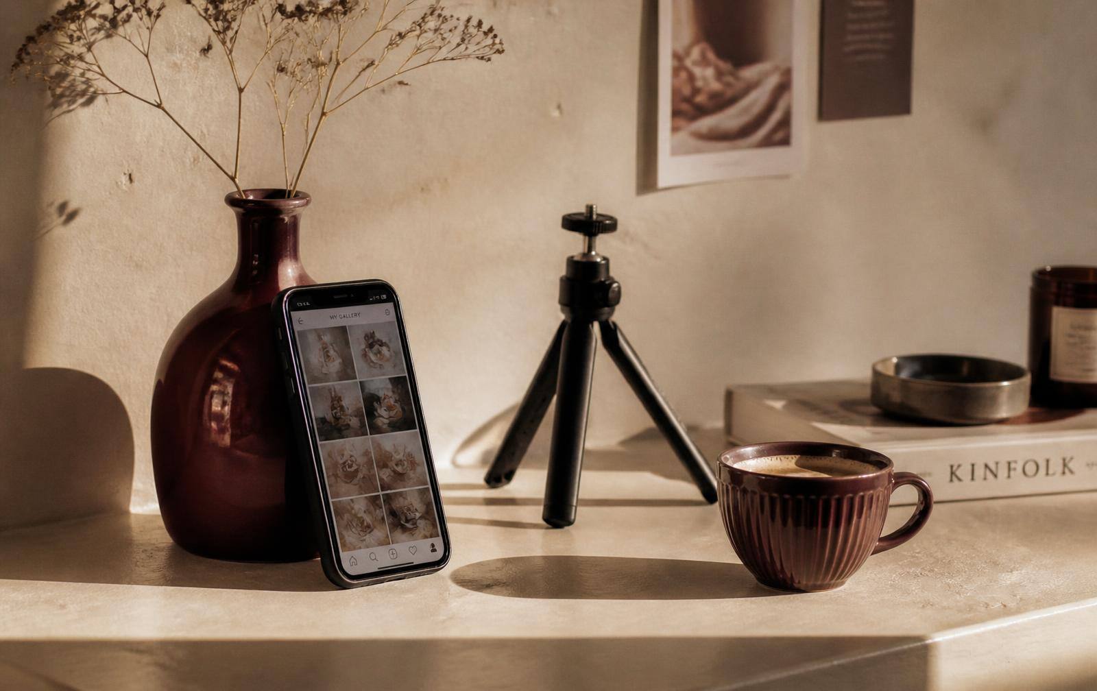 Smartphone appoggiato a un vaso bordeaux con treppiede e fiori secchi su banco in calce