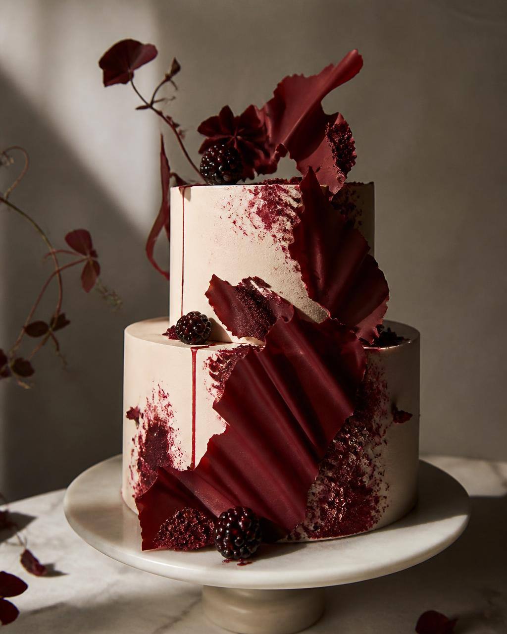 Torta decorata contemporanea in stile cake design, con dettagli bordeaux e frutti di bosco, su un piedistallo in marmo