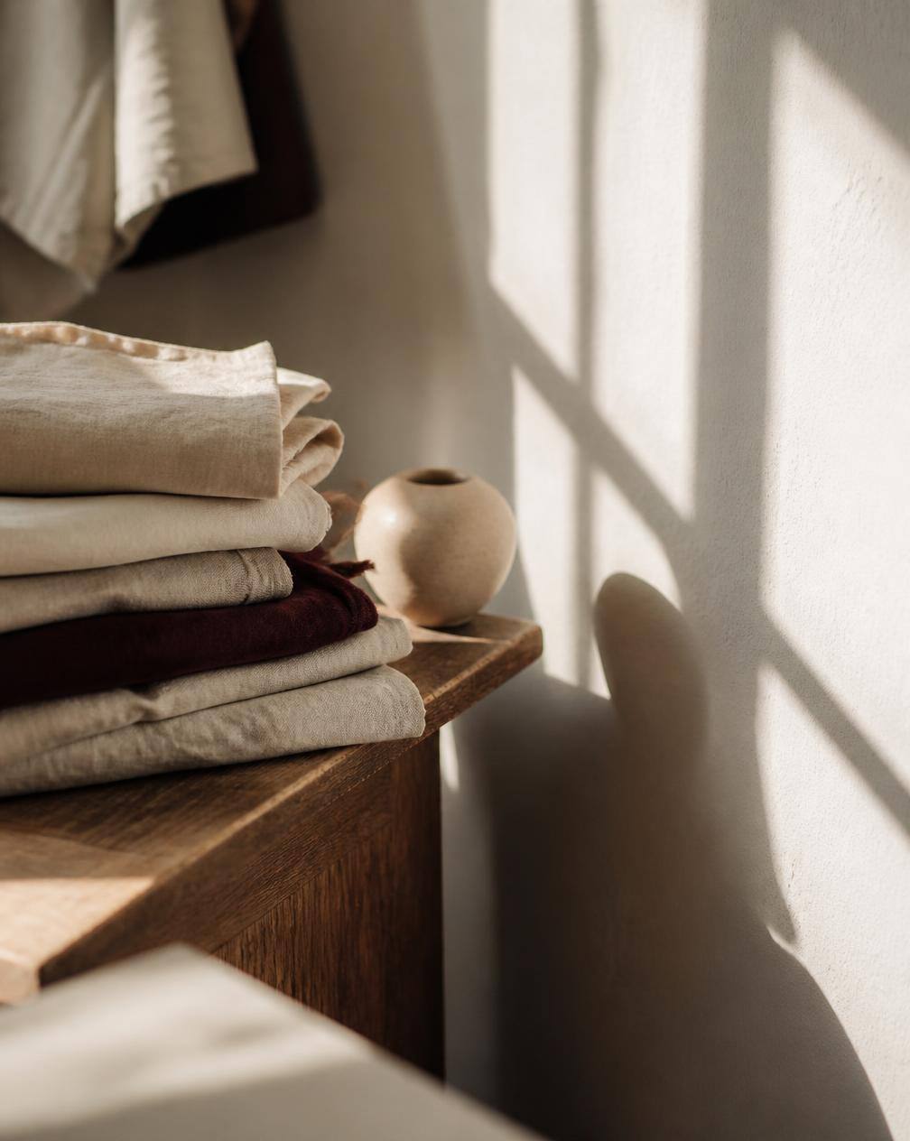Dettaglio editoriale di una piccola bottega: tessuti piegati e una ceramica su un banco di legno, luce laterale e ombre nette