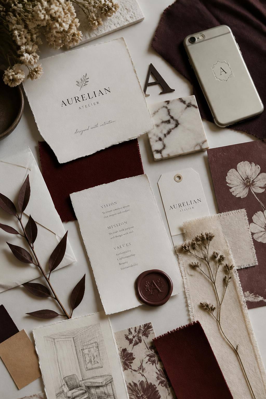 Moodboard creativo con materiali di branding, carta, tipografia, smartphone e oggetti di design