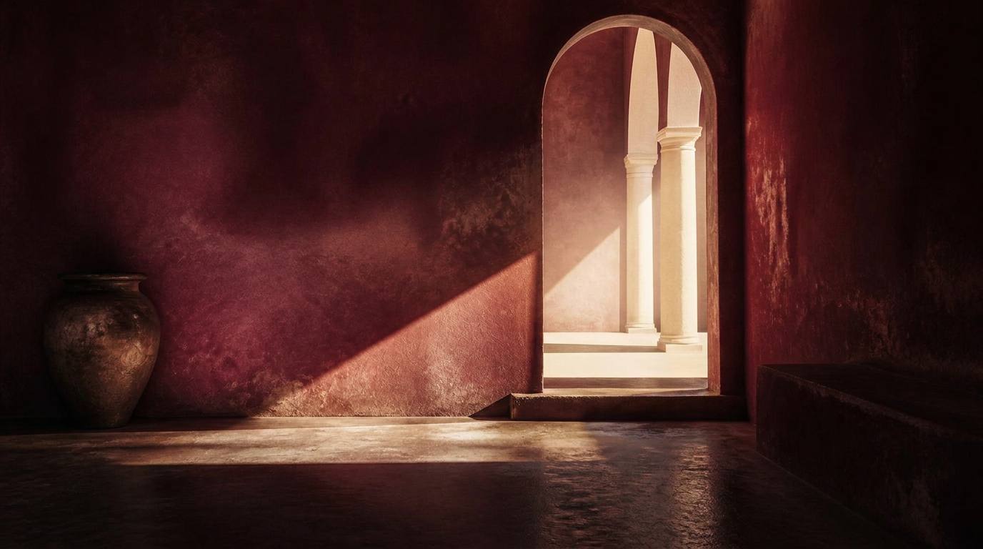 Interno con parete di intonaco bordeaux e un arco da cui entra luce calda