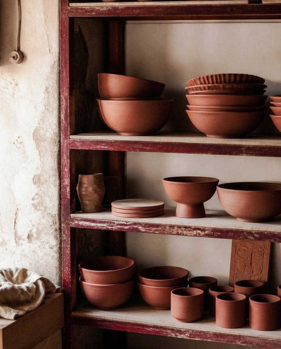 Scaffale di una bottega di ceramiche artigianali italiane in toni terracotta e beige