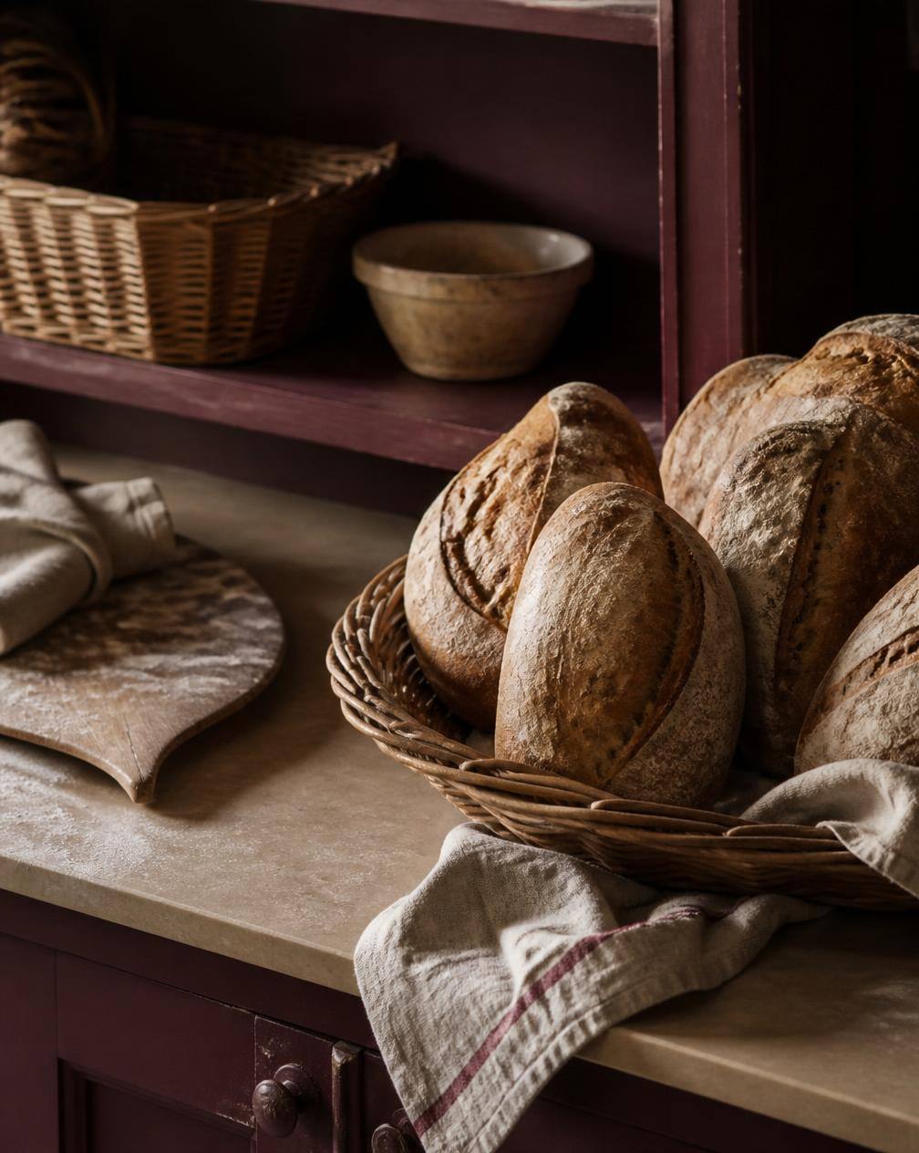 Pane artigianale in un cesto di vimini sul banco di un panificio di quartiere