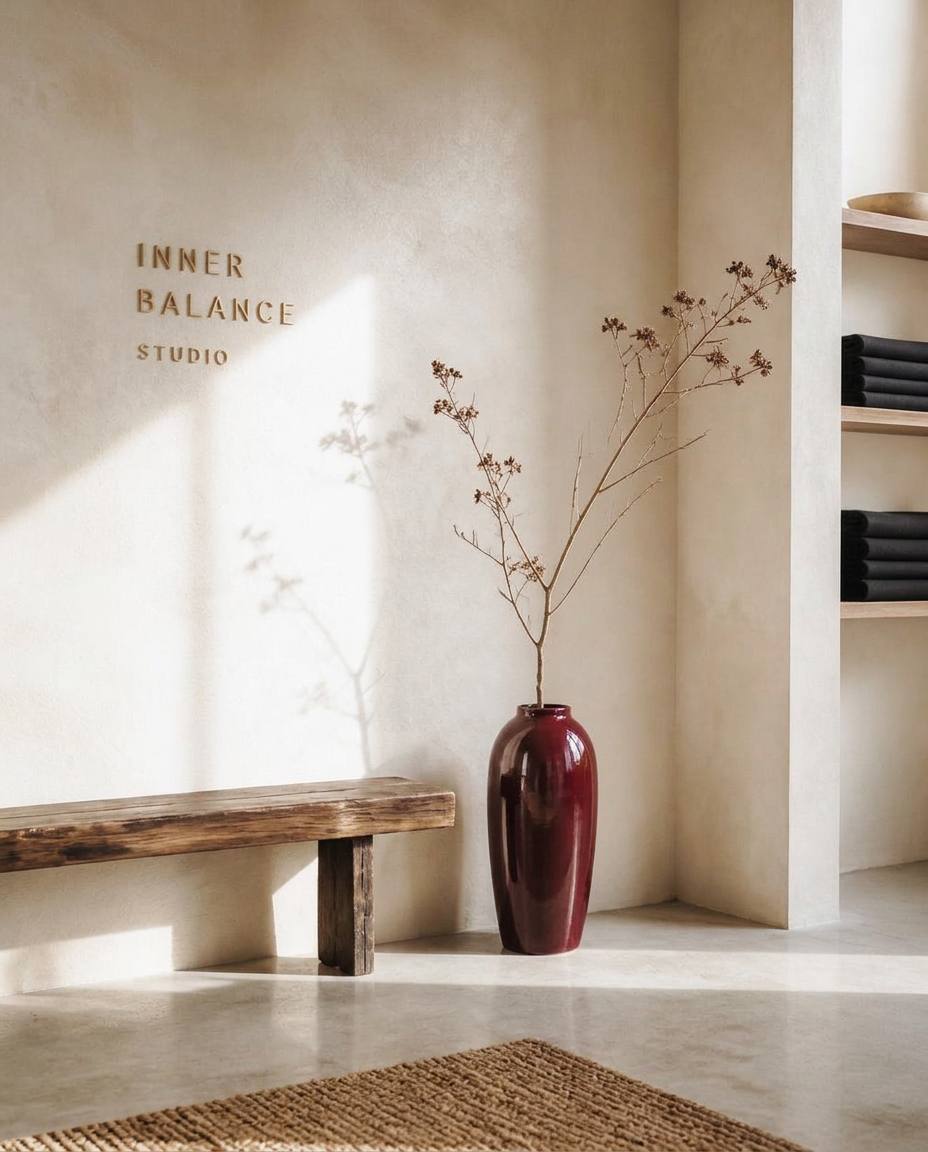 Angolo minimale di uno studio benessere con parete color crema e vaso bordeaux